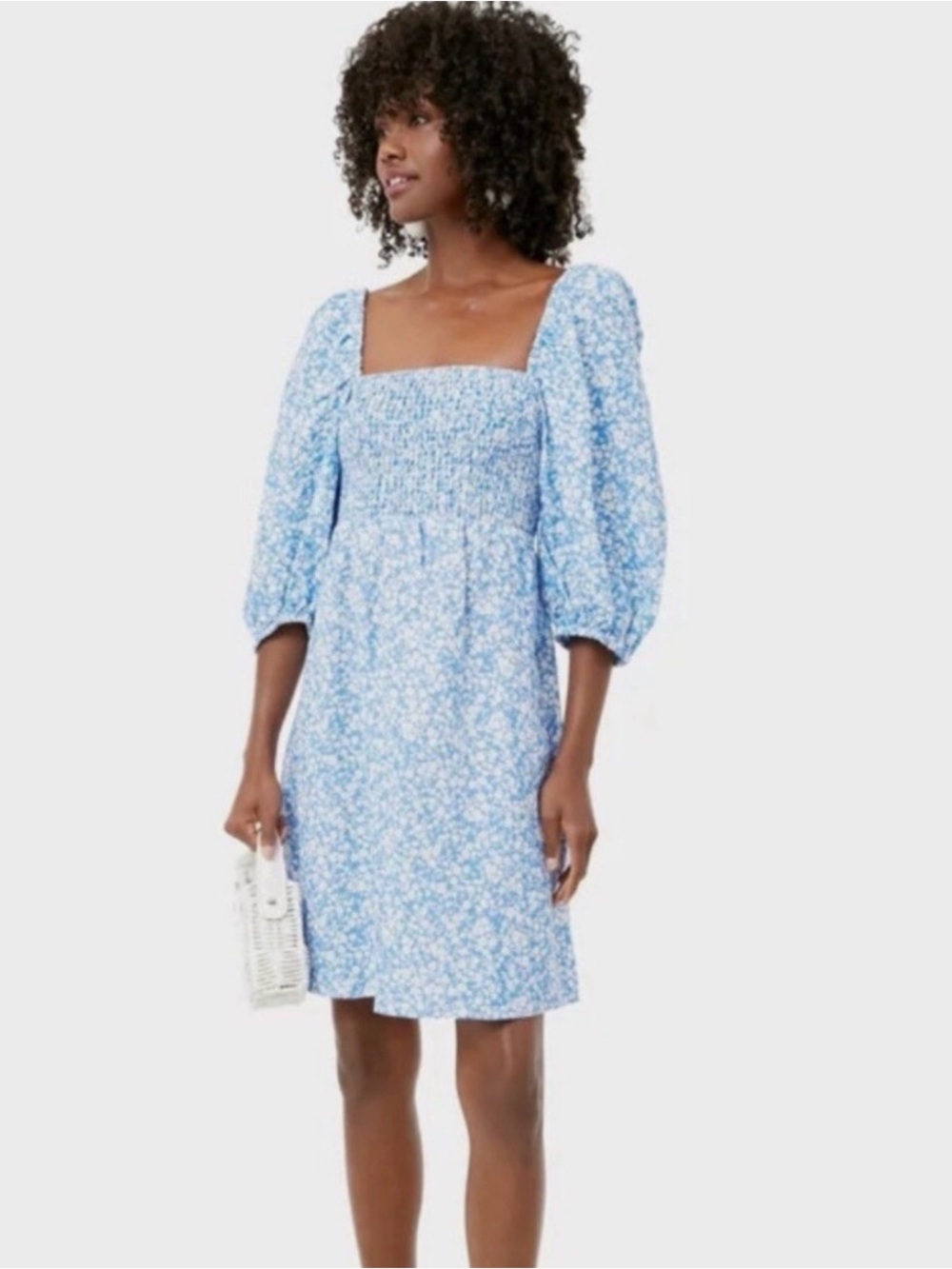Smocked Square-Neck Blue Floral Mini Dress